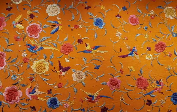Flowers, birds, texture, fabric, silk, embroidery, Chinese silk