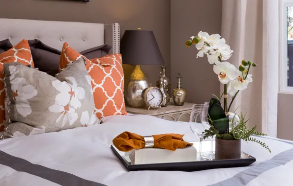 Watch, lamp, bed, pillow, Orchid, napkin, tray