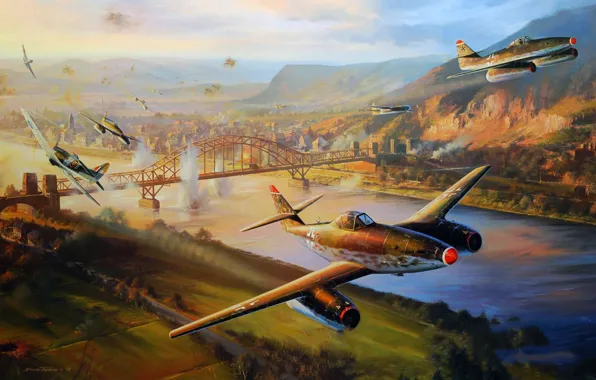 Picture bridge, war, figure, art, dogfight, Nicolas Trudgian, Me-262, Clash Over Remargen