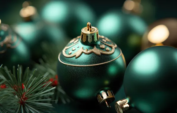 Balls, close-up, branches, lights, green, the dark background, balls, pattern