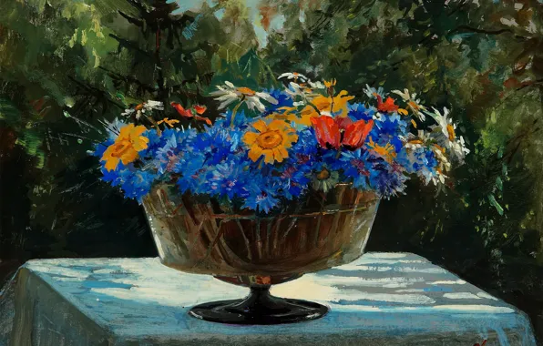 Picture flowers, table, Cup, Olga Kulikovskaya-Romanova