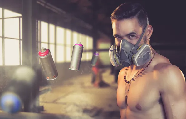 Paint, artist, cartridges, guy, graffiti, respirator