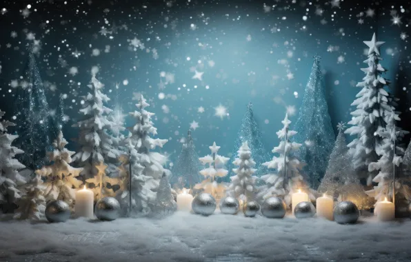 Winter, balls, snow, Christmas, New year, bokeh, Christmas trees, AI art