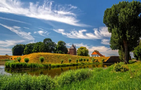 Summer, grass, clouds, trees, pond, blue, castle, shore