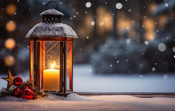 Winter, snow, night, Christmas, lantern, New year, Christmas, night