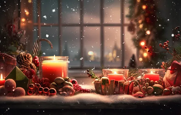 Picture winter, snow, decoration, night, berries, candles, New Year, Christmas