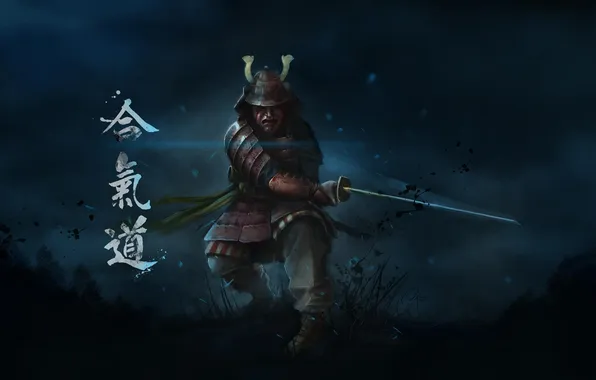Grass, night, sword, warrior, mask, art, samurai, characters