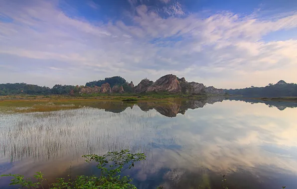The sky, water, mountains, reflection, rocks