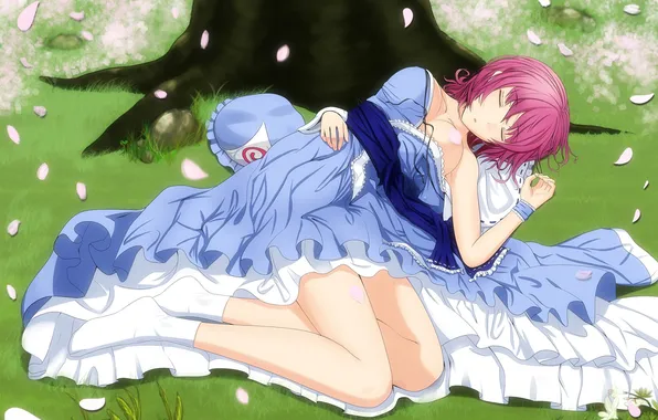 Grass, girl, tree, sleep, petals, Sakura, touhou, saigyouji yuyuko