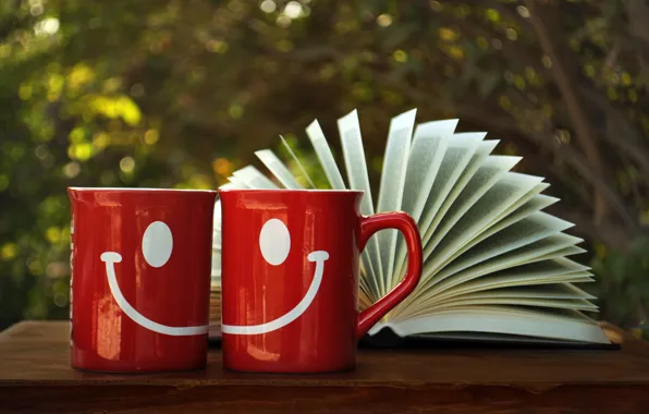 Smile, figure, Cup, red, book, page
