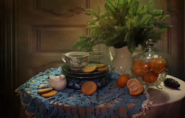 Winter, tree, new year, Christmas, cookies, bird, still life, tangerines