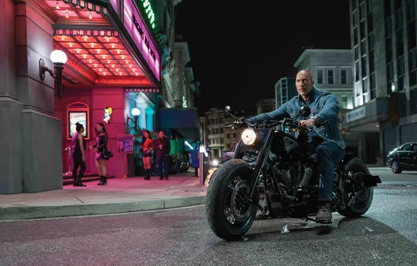 Night, the city, the film, street, frame, motorcycle, action, Dwayne Johnson