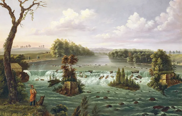 Picture landscape, river, picture, thresholds, Indian, Henry Lewis, The Falls Of St. Anthony, Upper Mississippi