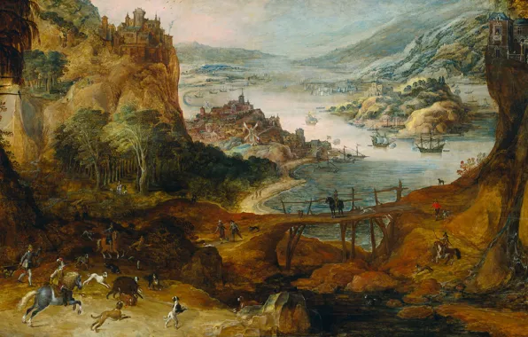 Tree, oil, picture, Joos de Momper, River Landscape with a Hunt for wild Boar