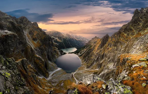 The sky, clouds, mountains, stones, rocks, the view from the top, lake, Carpathians