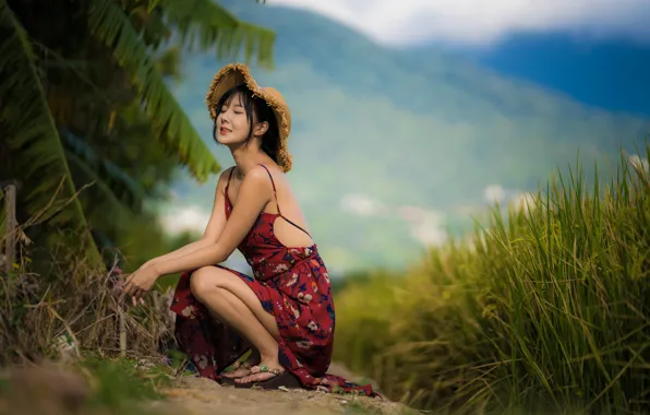 Girl, hat, dress, Asian, sitting, cutie