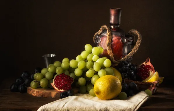 Bottle, grapes, still life, items, lemons, grenades, composition