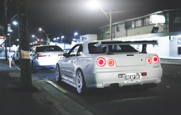 Picture white, night, the city, Nissan, GT-R, skyline, Nissan, R34