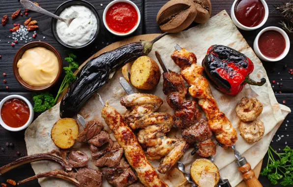 Mushrooms, chicken, bread, eggplant, meat, pepper, vegetables, sauce