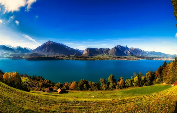 Autumn, the sky, grass, the sun, clouds, trees, mountains, lake