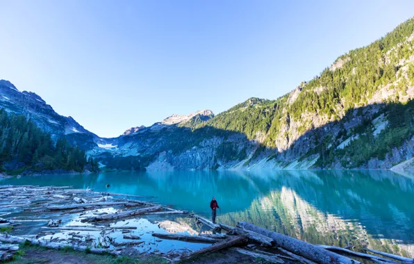 Forest, trees, mountains, lake, rocks, people, logs, USA