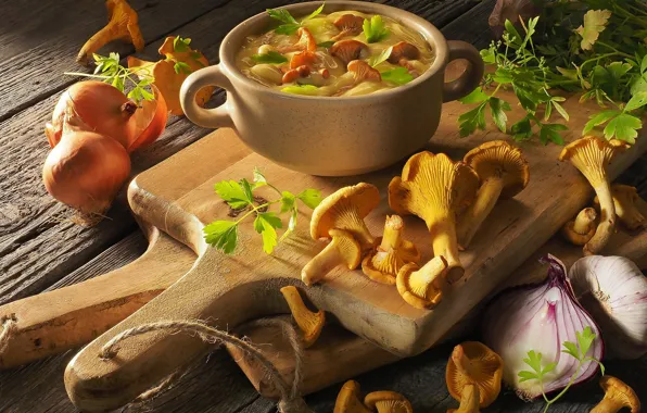 Mushrooms, bow, soup, garlic, chanterelles