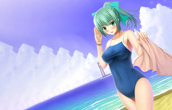Girl, sexy, cleavage, beach, long hair, sea, boobs, anime