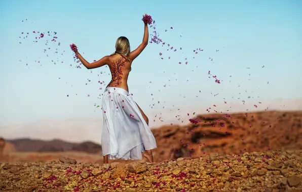 Ass, girl, the wind, figure, body, back, petals, blonde