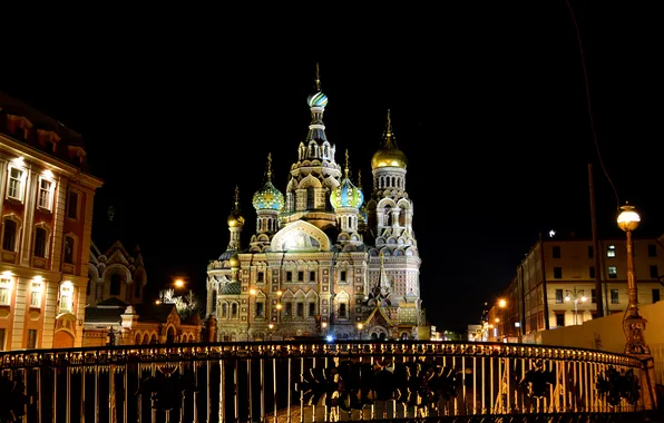 Night, lights, lights, Saint Petersburg, Church, Cathedral, temple, Russia