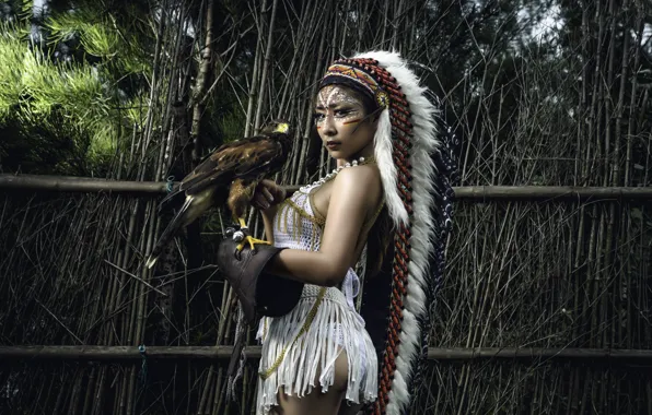 Picture girl, bird, Asian, Falcon