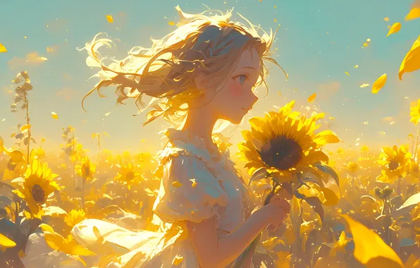 Field, look, girl, light, sunflowers, flowers, pose, style