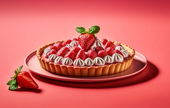 Berries, strawberry, pie, pink background, AI art, neural network