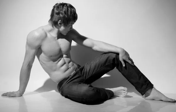 Body, jeans, black and white, guy, sitting, press