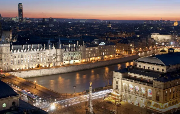 Night, lights, river, France, Paris, hay, Conciergerie, Paris