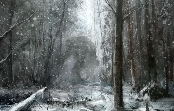 Forest, snow, figure, monster