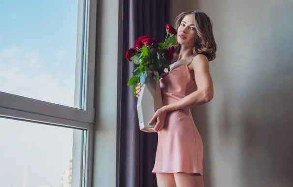 Dress, flowers, model, women, window, brunette, standing, MetArt