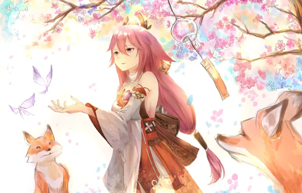 Girl, Sakura, Fox, bell wind, Genshin Impact, Yae Miko