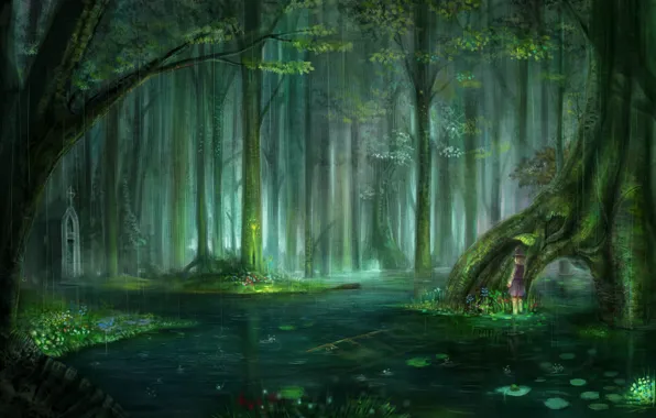 Forest, water, drops, rain, mood, anime, weather