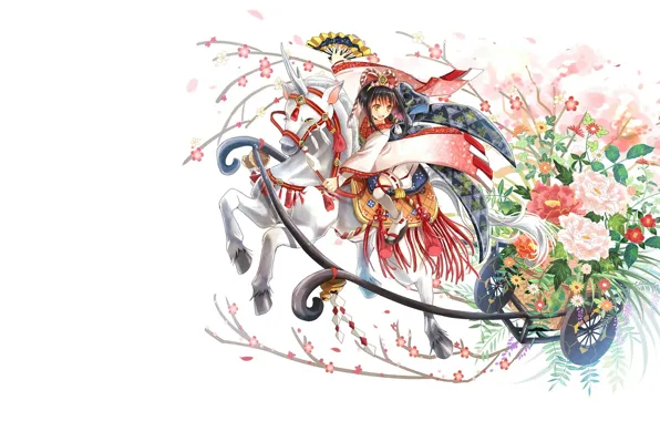 Girl, flowers, anime, art, unicorn, wagon