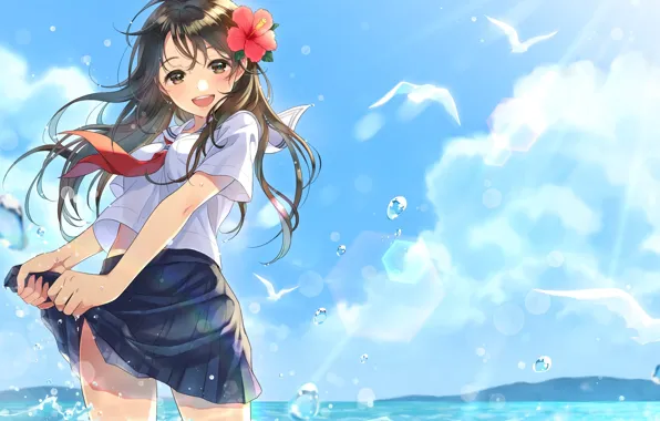 Picture the sky, girl, clouds, drops, birds, smile, anime, art