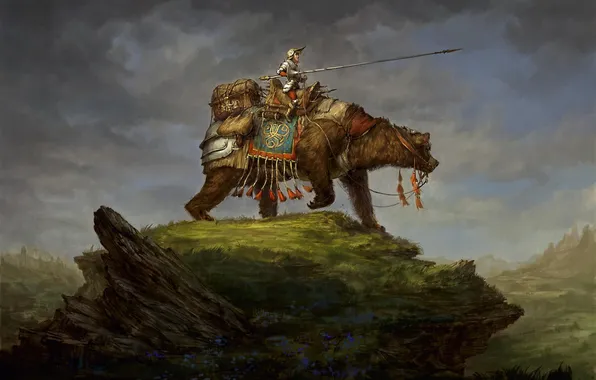 Bear, warrior, hill, art, rider, armor, spear, traveler