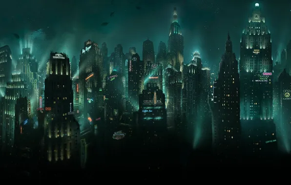 Fish, the city, lights, skyscrapers, signs, BioShock, underwater, Delight