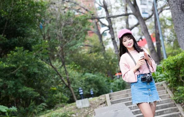 Picture girl, smile, background, mood, coffee, skirt, the camera
