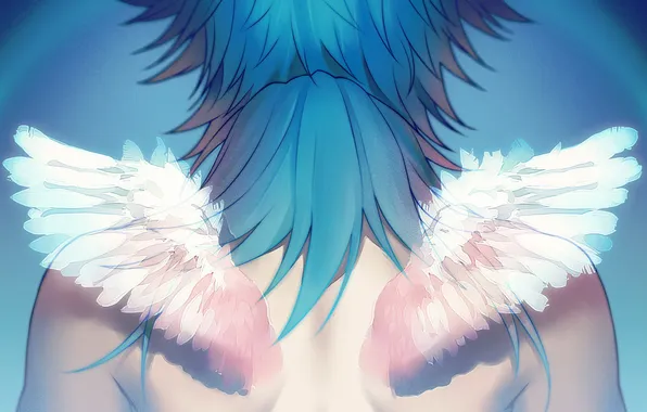 Back, wings, blue hair, DRAMAtical Murder, Aoba