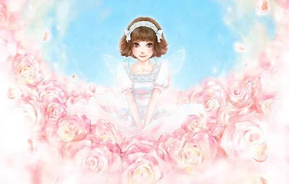 Figure, roses, wings, anime, petals, dress, girl, enta shiho