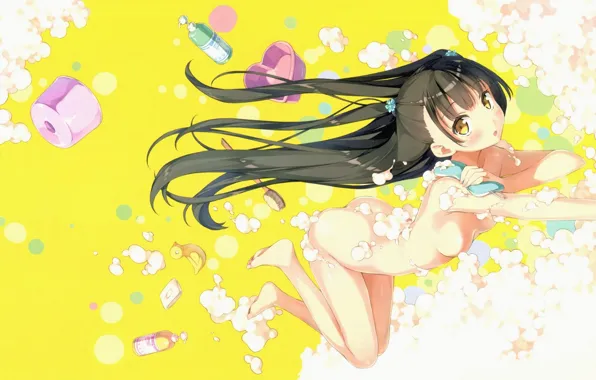 Foam, soap, bubbles, girl, long hair, yellow background, to clean, washcloth