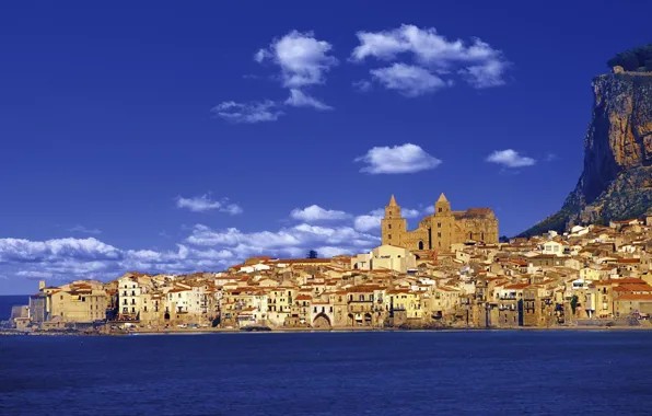 Rock, sea, landscape, Italy, mountain, houses, church, Sicily