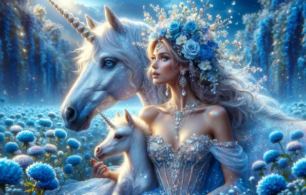 BLONDE, GIRL, DRESS, FLOWERS, HORSE, BLUE, HAIRSTYLE, UNICORN