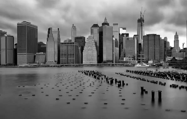 The ocean, skyscrapers, USA, black and white photo, New York, Downtown