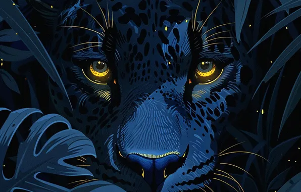 Picture Night, Look, Leaves, Jaguar, Eyes, Face, Predator, Digital art